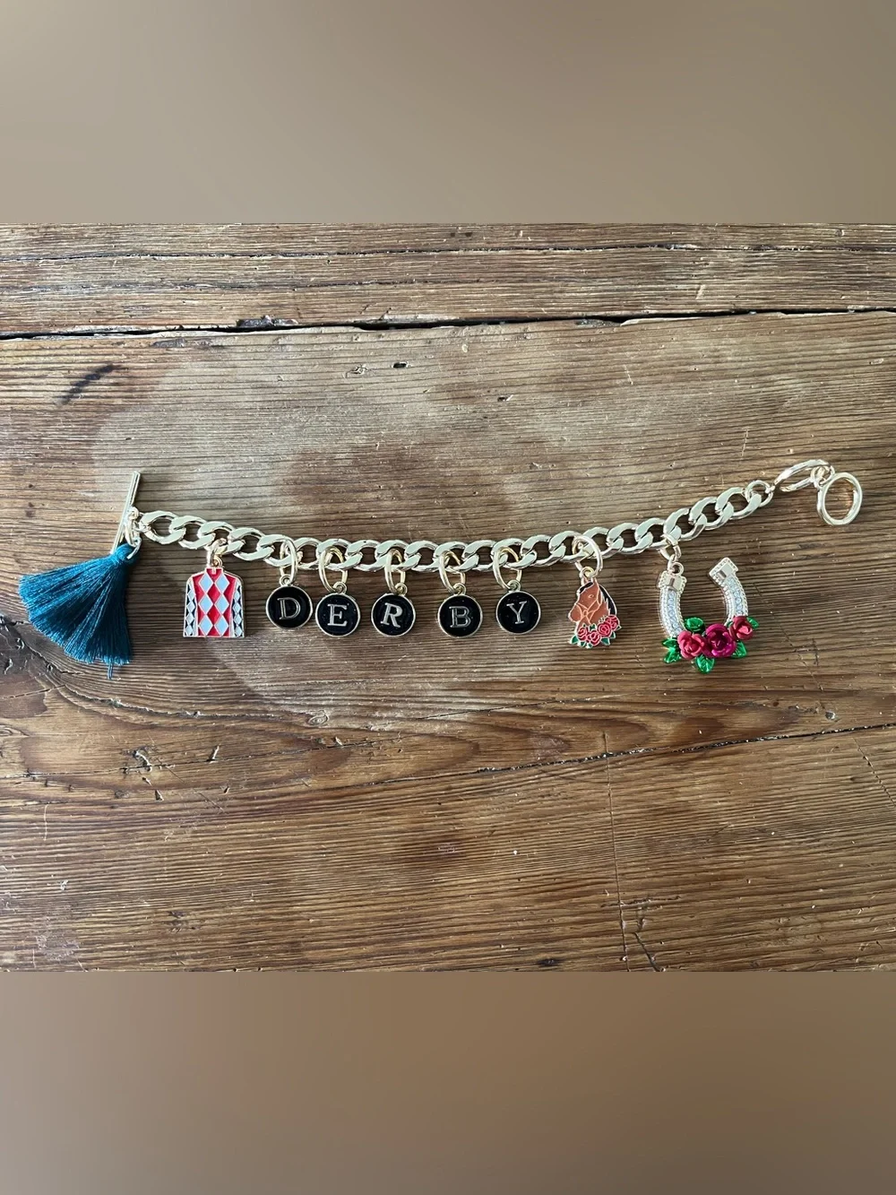 Kentucky Derby Charm Bracelet Gold Tone Teal Tassel Equestrian - Picture 2 of 8